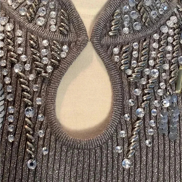 Y2K McBling Indie Sleaze Silver Rhinestone Keyhole Neck Sweater XL - Picture 7 of 10